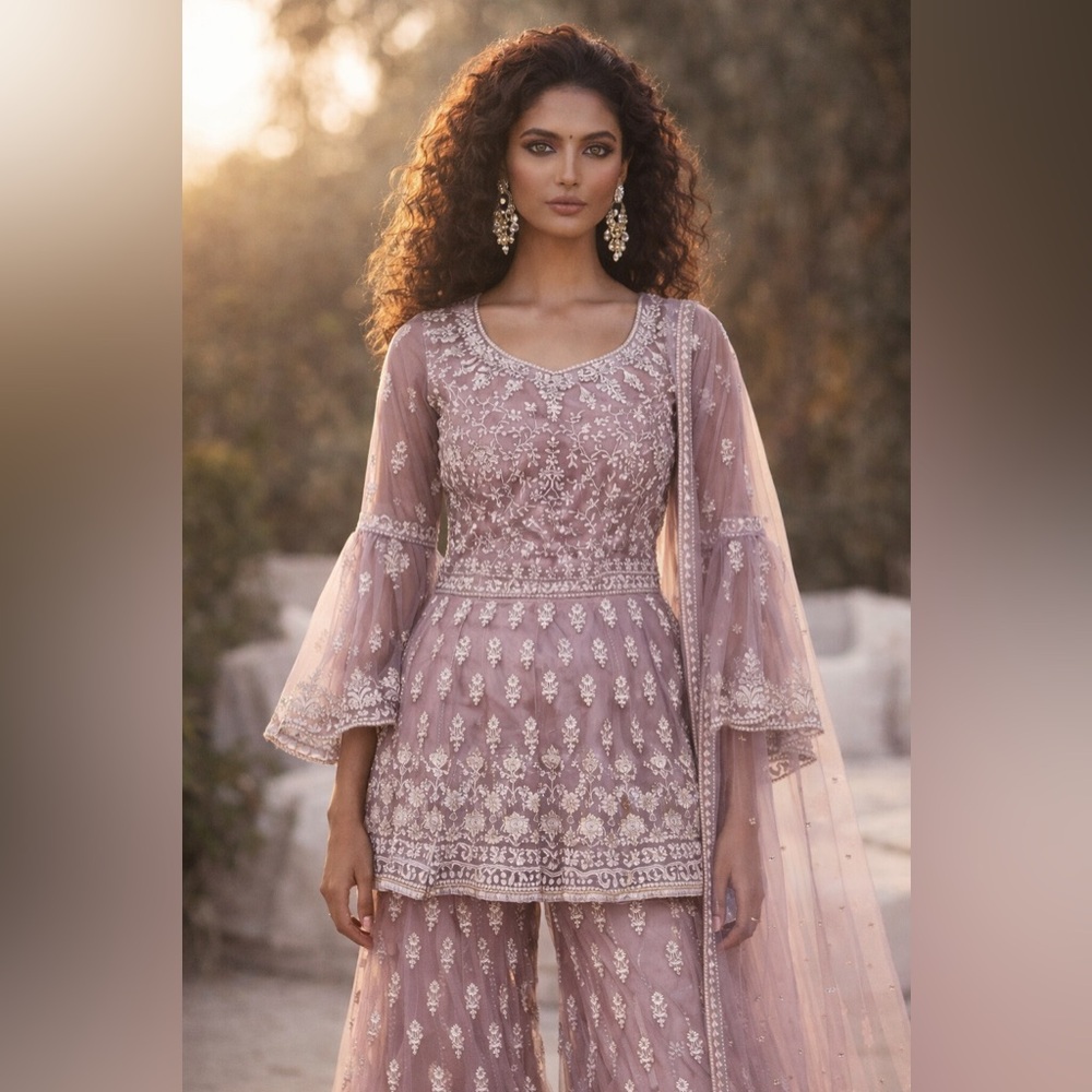 Boutique Lilac Mauve & Silver Layered Sharara 3 Piece Set (Size 38)